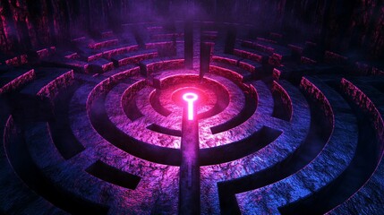 Glowing key in a dark stone maze, mystery background; game design