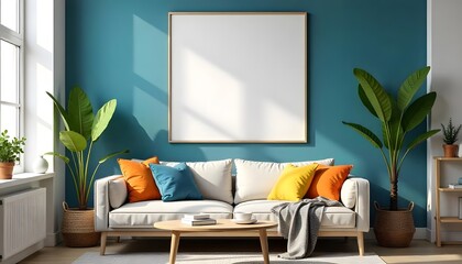 Modern Living Room Interior Design with Teal Walls White Sofa and Large Blank Canvas