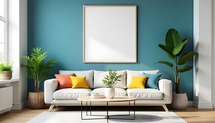 Modern Living Room Interior Design with Teal Walls White Sofa and Potted Plants