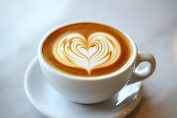 Intricate Latte Art Heart in White Coffee Cup on Saucer