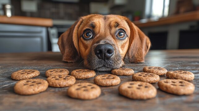 A dog resting its head on a table surrounded by chocolate chip cookies.