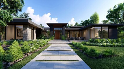 Modern house exterior design, landscaping, walkway, stone, glass, wood, plants, sunny day.