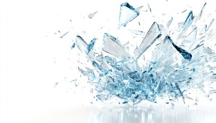 A burst of icy blue and silver glass shards exploding in mid-air, against a bright white background