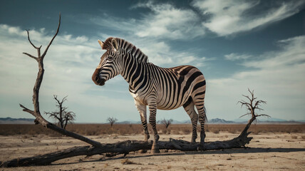 Obraz premium A lone zebra stands resolute against a stark, arid landscape under a dramatic sky, showcasing the beauty of resilience in a desolate yet powerful setting with a weathered branch.
