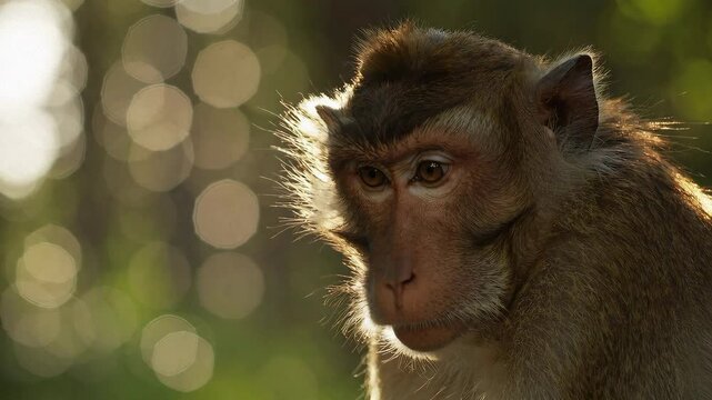 Retrato lateral de un macaco de toque en la selva de Sri Lanka, iluminado por luz dorada en su h&aacute;bitat natural.
