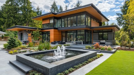 Modern house with a large backyard, featuring a water fountain and landscaping.
