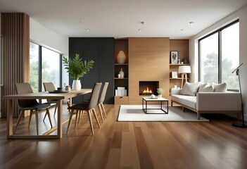 Fototapeta premium The style is 3D model with octane render volumetric, highly detailed for videogame design. Interior of a modern living room with a wooden floor, a dining table with four chairs, a sofa , and a firepla