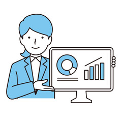 パソコンのデータを見せる女性