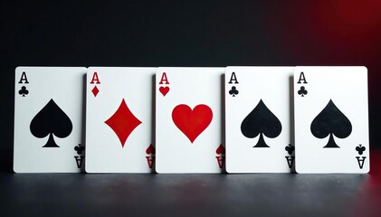 Playing cards arranged in a row showing an ace of each suit , pattern, poker, diamonds