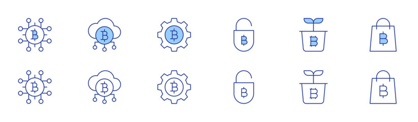 Bitcoin icon set in two styles, Duotone and Thin Line style. Editable stroke. money, cloud, setting, lock, grow up, shopping bag