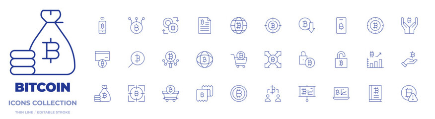 Bitcoin icons collection. Thin Line icons, editable stroke. exchange, padlock, search, presentation, load, value, network, analysis, billing, unlock, check, cart