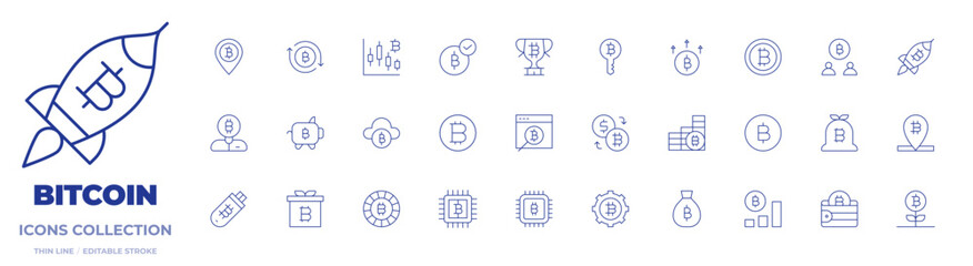 Bitcoin icons collection. Thin Line icons, editable stroke. usb flash drive, trophy, location, searcher, investor, chip, users, present, money bag, piggy bank