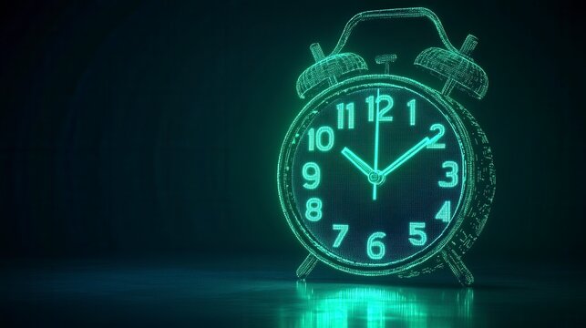Glowing teal digital alarm clock on dark background. Futuristic timepiece concept, digital particles forming clock shape.  Reflective surface.