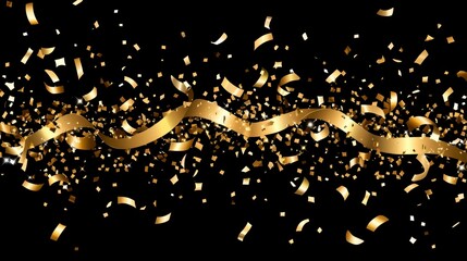 Gold ribbon and confetti on black background. Festive celebration design. Perfect for party invitations, banners, and celebrations.