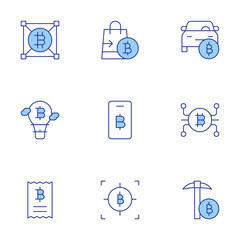 Bitcoin icons set. Line Duotone style, editable stroke. shopping bag, hot air balloon, statement, cryptocurrency, smartphone, bitcoin
