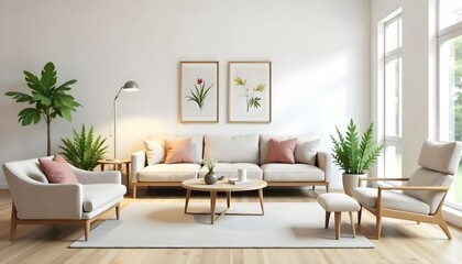 The style is 3D model with octane render volumetric, highly detailed for videogame design. A living room with a white sofa, two framed botanical prints on the wall, a round coffee table, and a floor 