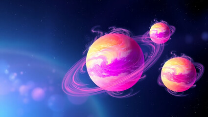 Naklejka premium Fantasy-inspired space illustration showcasing vivid pink swirling spheres in a deep blue galaxy. Wispy textures and glowing energy add a futuristic and imaginative touch to the cosmic setting