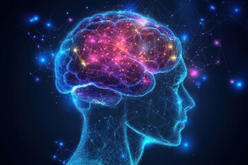 Digital illustration showcasing the human brain with neural network connections