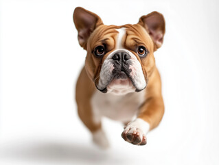 Obraz premium Playful Bulldog Puppy in Mid-Air Jump on White Background