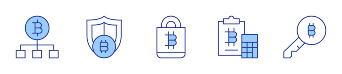 document, key, bitcoin. Bitcoin Icon vector illustration. Line Duotone style. Editable stroke