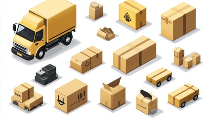 Isometric illustration of various cardboard boxes and a delivery truck, showcasing different package sizes and delivery methods. The image is clean, simple, and uses a consistent color palette.