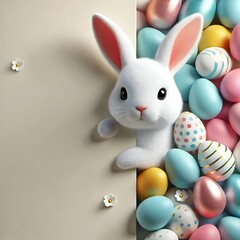 Obraz premium Adorable Bunny Peeking from Behind a Panel with Colorful Easter Eggs,a concept of easter greeting card and template,a cheerful cute bunny with easter eggs background with copy space,generative ai 