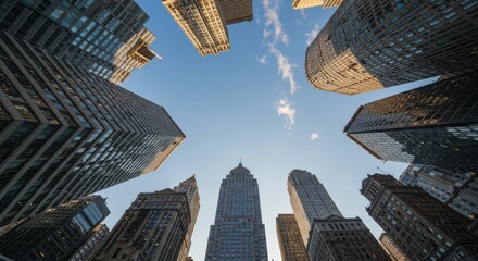 Tall Urban Skyscrapers Reach Up Towards A Beautiful Blue Sky
