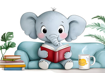 Senior Elephant Enjoying Vintage Reading Time on Couch