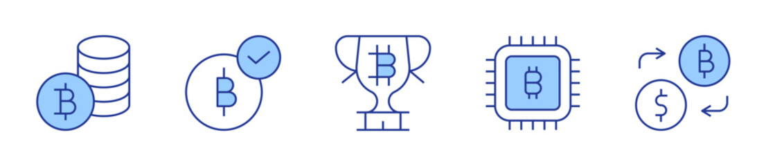 trophy, chip, money exchange, bitcoin symbol, bitcoin accepted. Bitcoin Icon vector illustration. Line Duotone style. Editable stroke