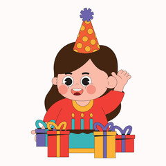 Cute Girl With Birthday Cake and Gift Cartoon Character Illustration