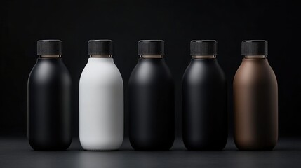Five empty bottles in various colors,  ready for branding