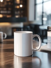 Blank Mug for Cafe Table, Cozy Interior.