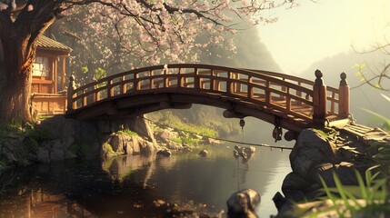 A tranquil scene: a curved wooden bridge spans a pond, with cherry blossoms overhead, a traditional japanese structure and a mountain backdrop.