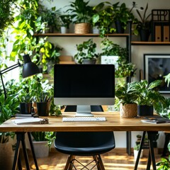 A modern home office workspace featuring a desktop computer, surrounded by lush greenery and potted plants. Natural light streams in, creating a bright and calming atmosphere.