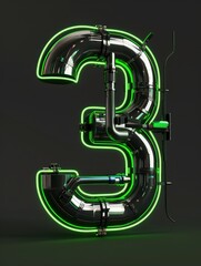 Bold Green Neon Number in Tech Noir Aesthetic with Metal Accents
