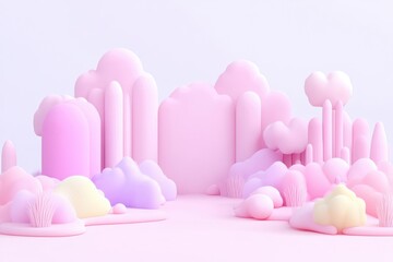 Pastel-colored, 3D landscape scene with soft shapes and light