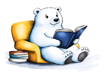 Senior White Bear Reading Book on Yellow Chair