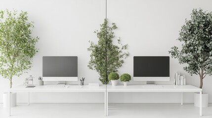 Fototapeta premium Modern minimalist office interior with white desks, computers, and lush green plants against a white wall. Bright, clean aesthetic.
