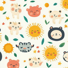 Cute cartoon animal vector pattern set with fun baby faces
