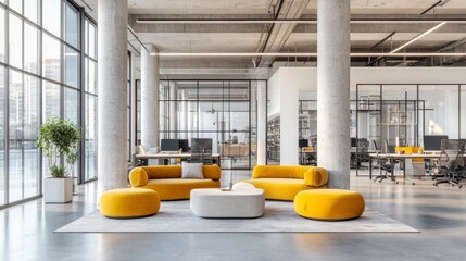 Modern office interior design with yellow modular sofas, concrete columns, and large windows. Bright and spacious workspace with natural light.