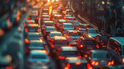 Fototapeta premium Morning Traffic Jam with Long Queue of Vehicles in Holographic Style