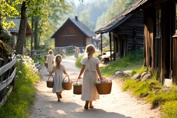 Obraz premium Girls carrying easter eggs in baskets walking in a village