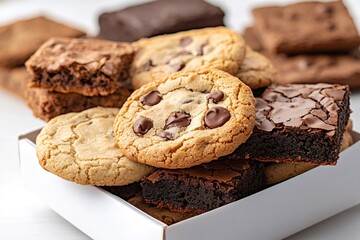 Box overflowing with chocolate chip cookies and brownies