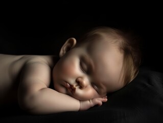 Sleeping Baby Bathed in Soft Light Against a Black Background