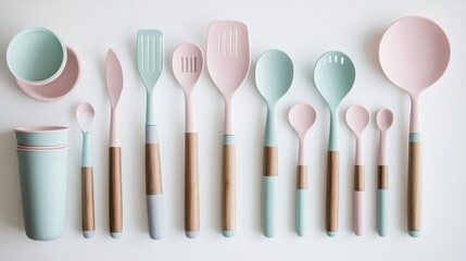 Bamboo Kitchen Utensils on White Background with Pastel Accents