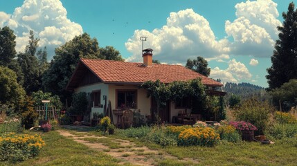 Charming country cottage surrounded by lush gardens peaceful rural setting beautiful nature scenic view tranquility and serenity