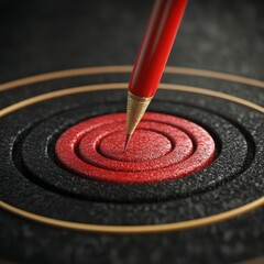 Red pencil precisely points at the center of a bullseye target with concentric circles. Dark textured background.