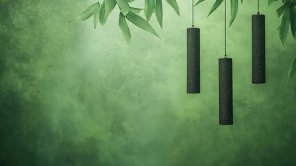 Looping Animation Zen Garden Wind Chimes With Green Leafy Background Creating a Serene and Tranquil Atmosphere Emphasizing Calmness and Harmony Ideal for Meditation and Relaxation Themes