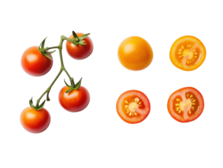 Cherry Tomatoes and Yellow Tomato Halves on White Background