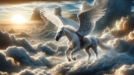 Pegasus flying in the sky. The legendary creature in Greek mythology.
